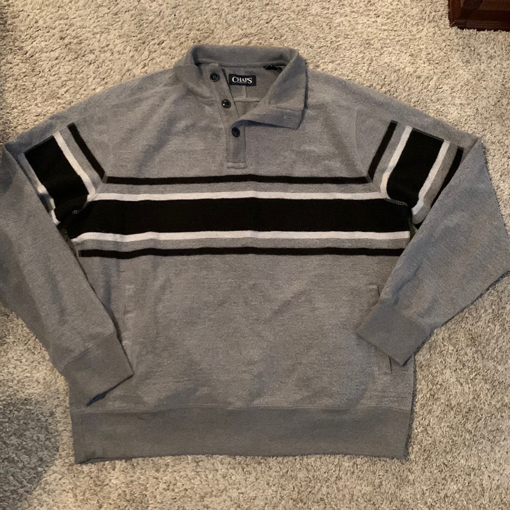 Chaps Men’s Gray Pull Over Sweater with Black Strips on top V-Neck XL